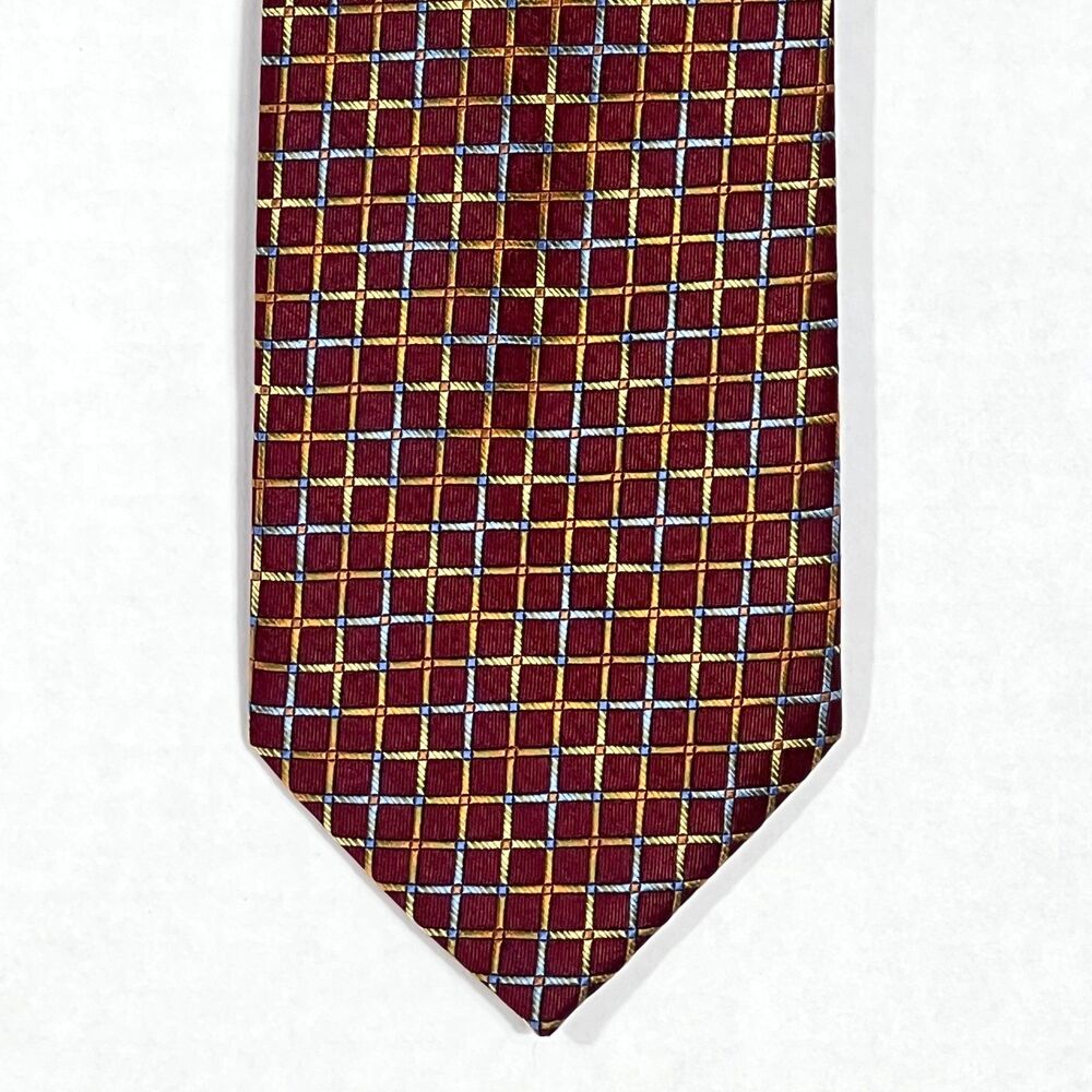 Jos. A. Bank Handmade Silk Tie 3.75" x 61" Burgundy Gold Blue Geometric Necktie